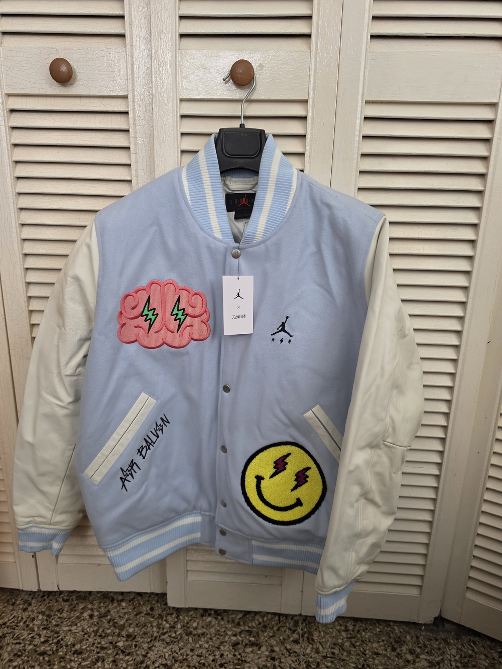 Jordan Light Blue and White Embroidered Varsity Bomber Jacket